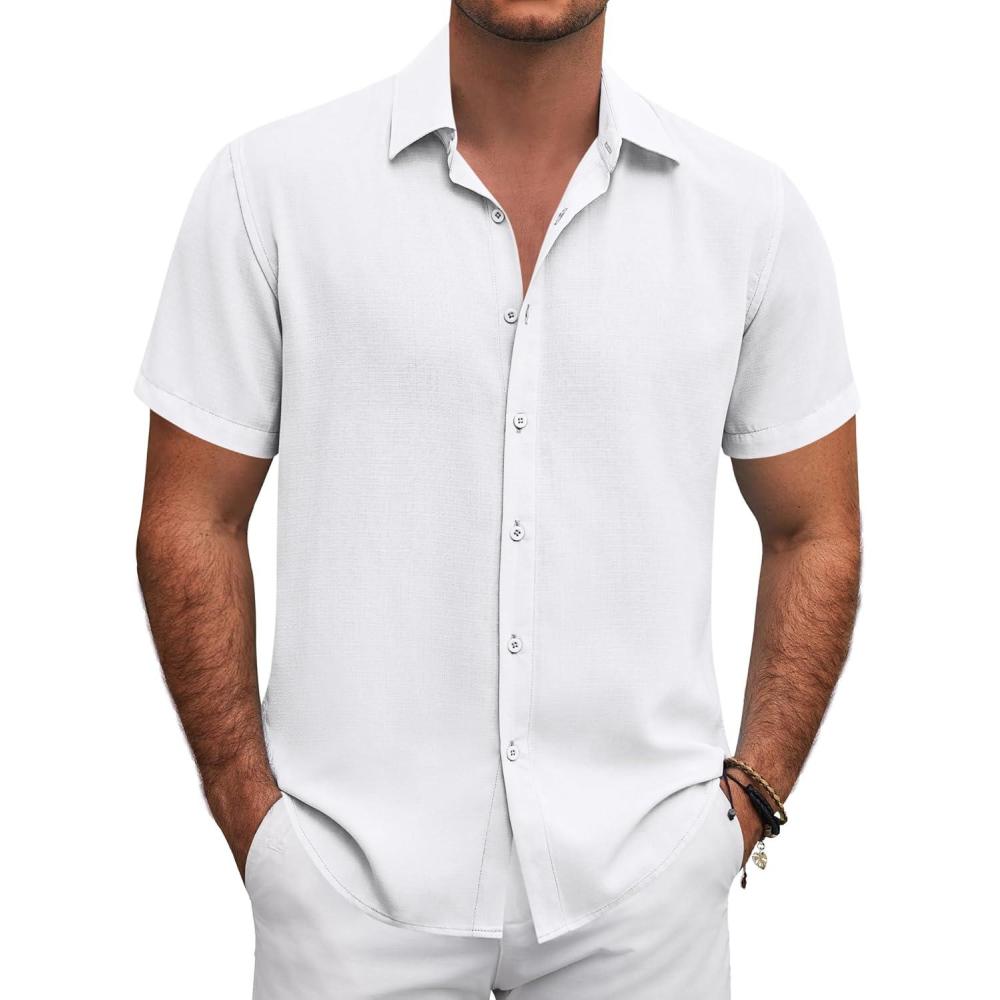 imageCOOFANDY Mens Button Down Shirts Short Sleeve Casual Summer Beach Shirts for Men Vacation Wedding Linen ShirtWhite