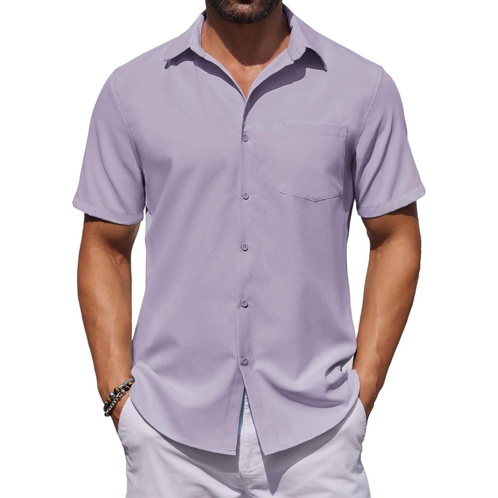 imageCOOFANDY Mens Button Down Shirts Short Sleeve Stain Shield Dress Shirts Business Casual Shirt with PocketLavender