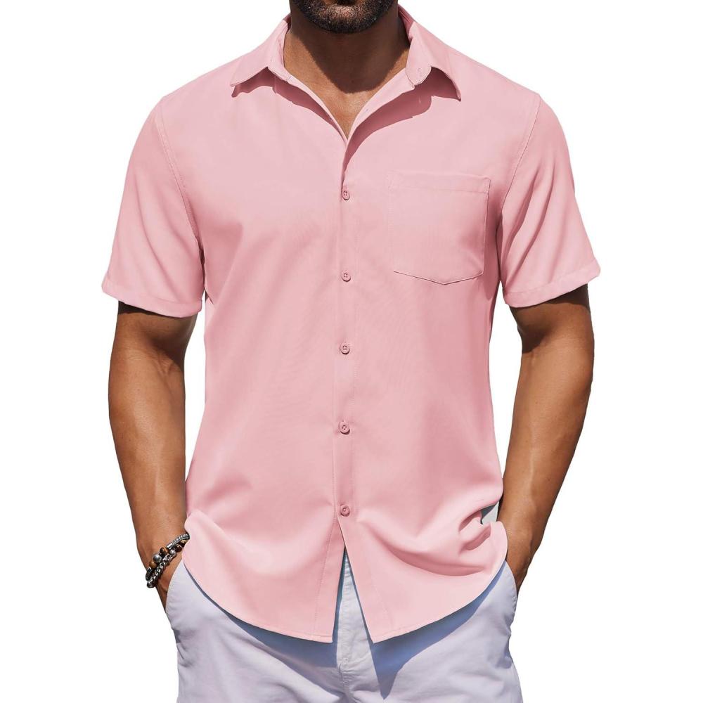 imageCOOFANDY Mens Button Down Shirts Short Sleeve Stain Shield Dress Shirts Business Casual Shirt with PocketPink