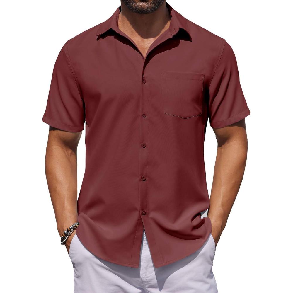 imageCOOFANDY Mens Button Down Shirts Short Sleeve Stain Shield Dress Shirts Business Casual Shirt with PocketWine Red