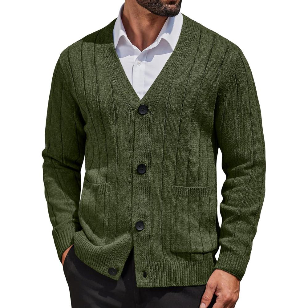 imageCOOFANDY Mens Cardigan Sweater Cable Knit V Neck Button up Sweaters Ribbed Cardigan Sweater with PocketsArmy Green
