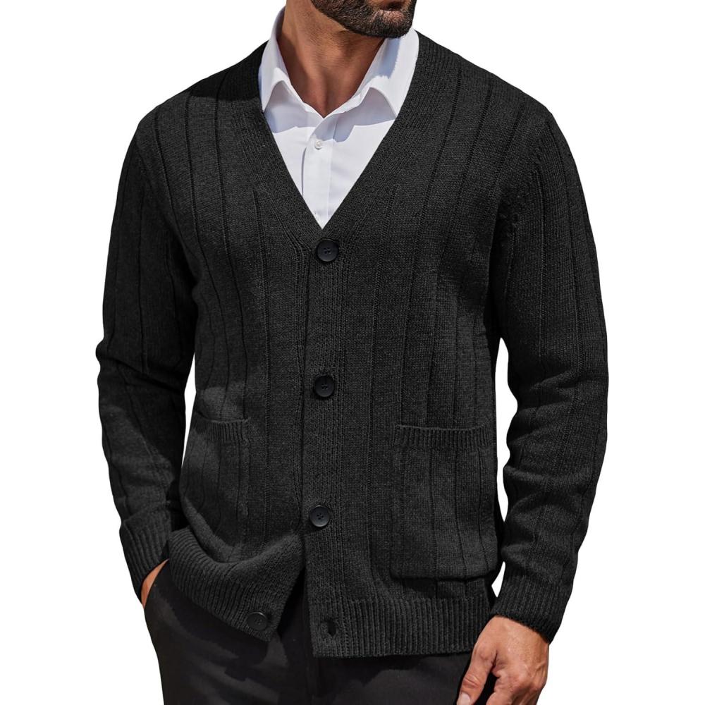 imageCOOFANDY Mens Cardigan Sweater Cable Knit V Neck Button up Sweaters Ribbed Cardigan Sweater with PocketsBlack