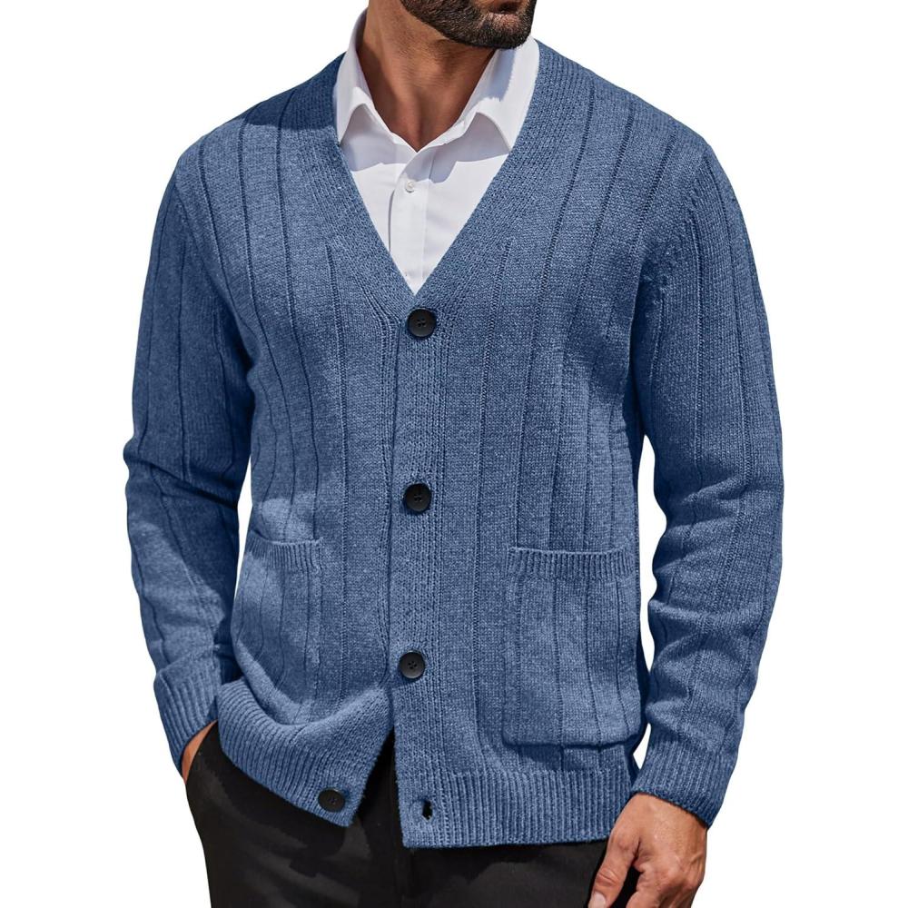 imageCOOFANDY Mens Cardigan Sweater Cable Knit V Neck Button up Sweaters Ribbed Cardigan Sweater with PocketsBlue