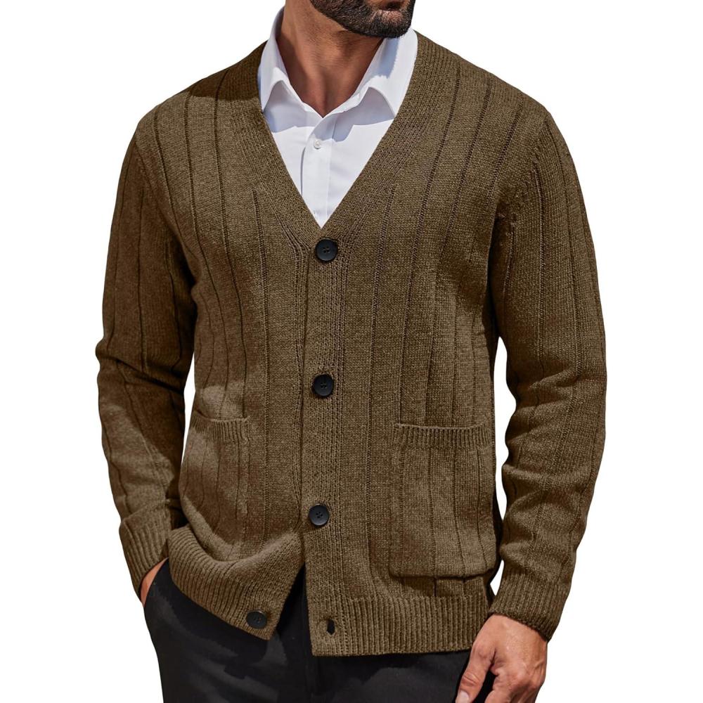 imageCOOFANDY Mens Cardigan Sweater Cable Knit V Neck Button up Sweaters Ribbed Cardigan Sweater with PocketsBrown
