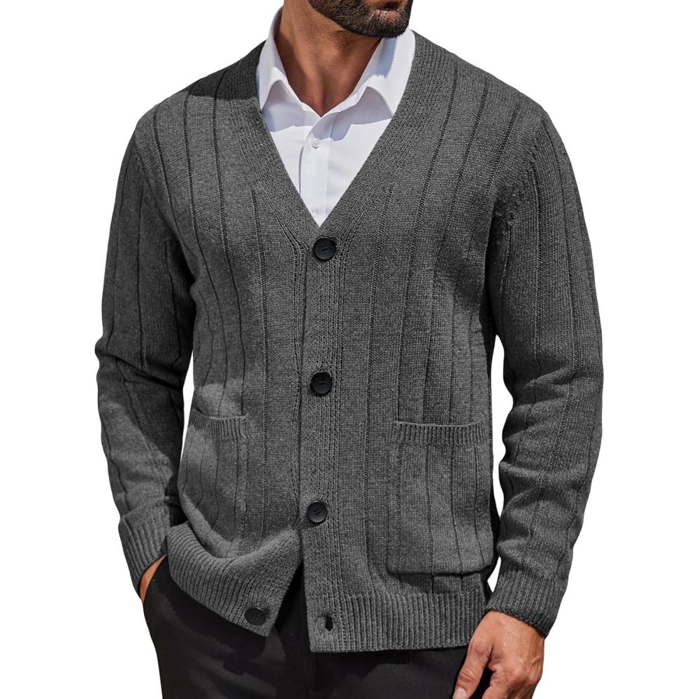 imageCOOFANDY Mens Cardigan Sweater Cable Knit V Neck Button up Sweaters Ribbed Cardigan Sweater with PocketsDark Grey