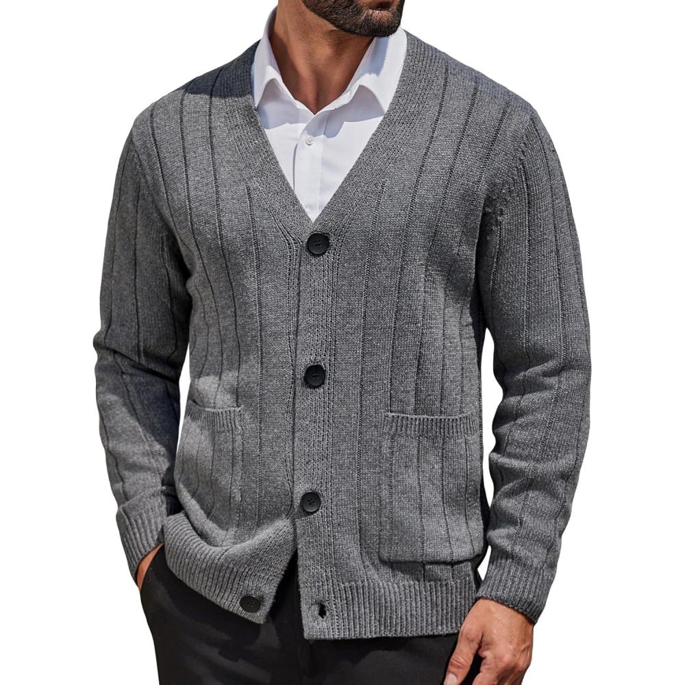 imageCOOFANDY Mens Cardigan Sweater Cable Knit V Neck Button up Sweaters Ribbed Cardigan Sweater with PocketsGrey