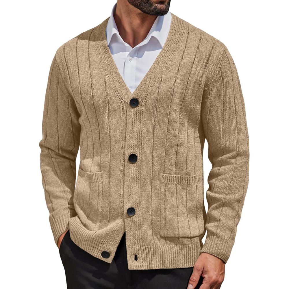 imageCOOFANDY Mens Cardigan Sweater Cable Knit V Neck Button up Sweaters Ribbed Cardigan Sweater with PocketsKhaki
