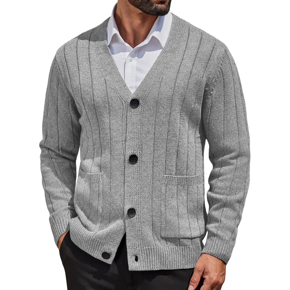 imageCOOFANDY Mens Cardigan Sweater Cable Knit V Neck Button up Sweaters Ribbed Cardigan Sweater with PocketsLight Grey