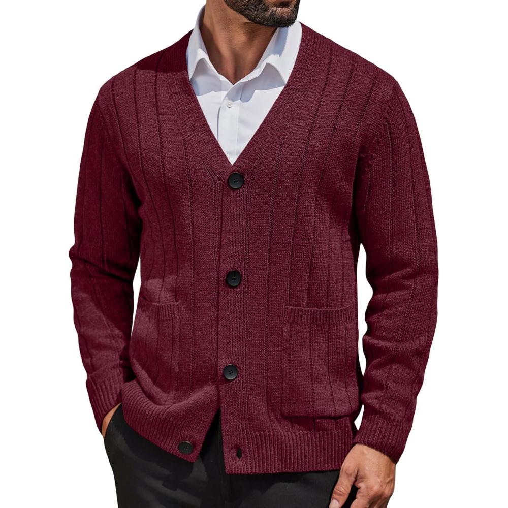 imageCOOFANDY Mens Cardigan Sweater Cable Knit V Neck Button up Sweaters Ribbed Cardigan Sweater with PocketsWine Red