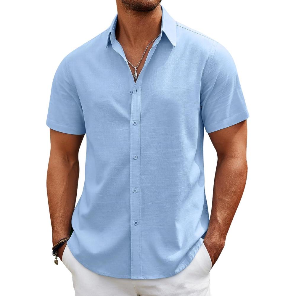 imageCOOFANDY Mens Casual Beach Shirts Short Sleeve Button Down Shirts Summer Vacation Untucked Dress ShirtsBlue