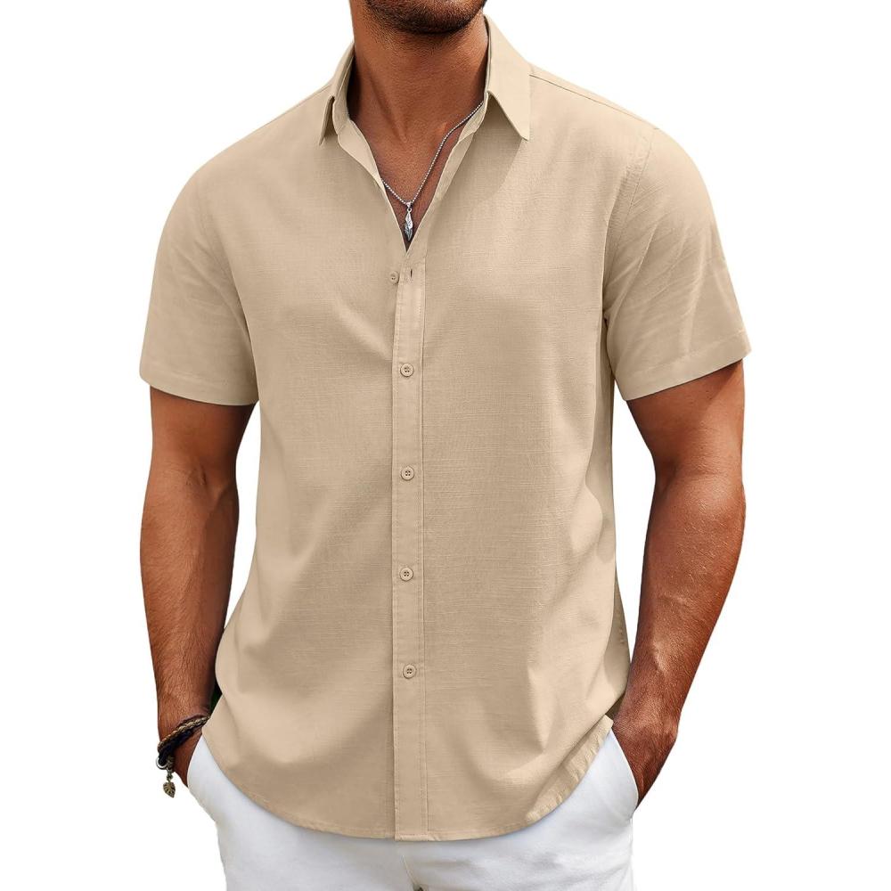 imageCOOFANDY Mens Casual Beach Shirts Short Sleeve Button Down Shirts Summer Vacation Untucked Dress ShirtsKhaki