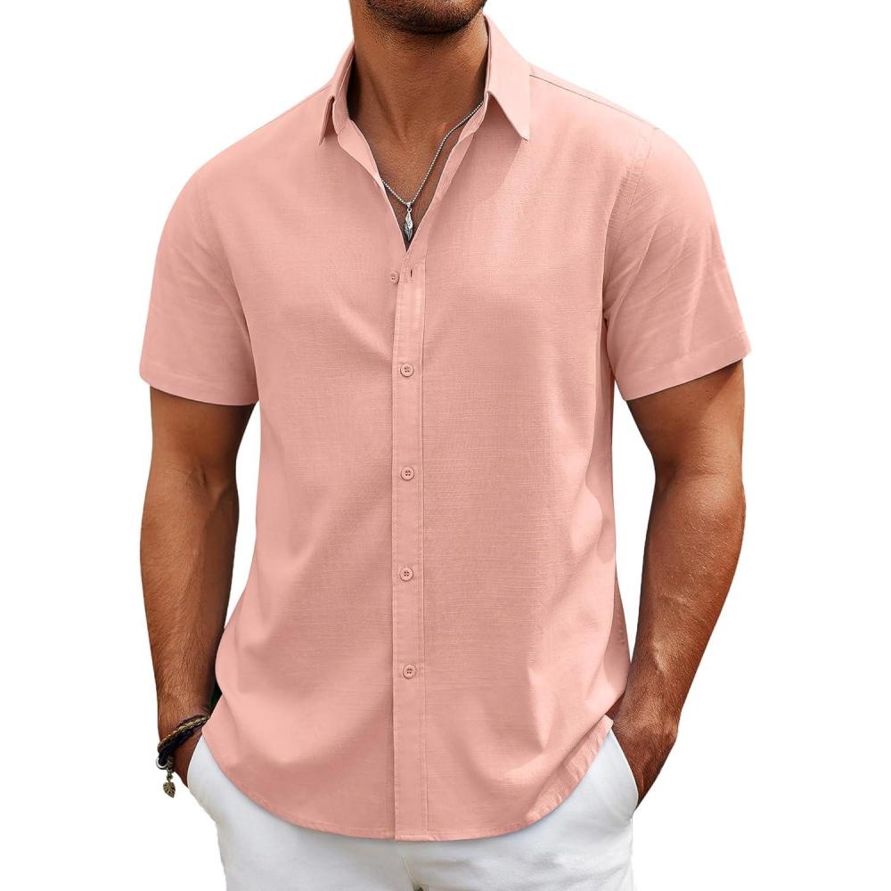 imageCOOFANDY Mens Casual Beach Shirts Short Sleeve Button Down Shirts Summer Vacation Untucked Dress ShirtsPink