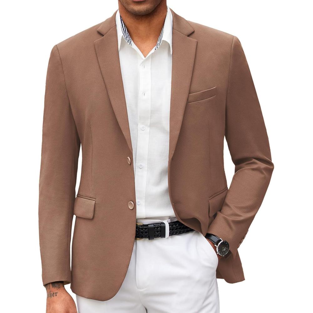 imageCOOFANDY Mens Casual Blazer Slim Fit Suit Jacket Lightweight Knit Sport Coat Two Button Blazer JacketBrown