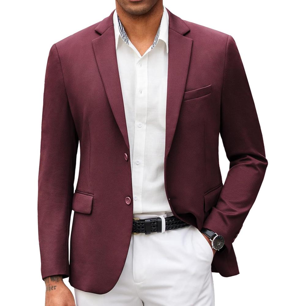 imageCOOFANDY Mens Casual Blazer Slim Fit Suit Jacket Lightweight Knit Sport Coat Two Button Blazer JacketBurgundy