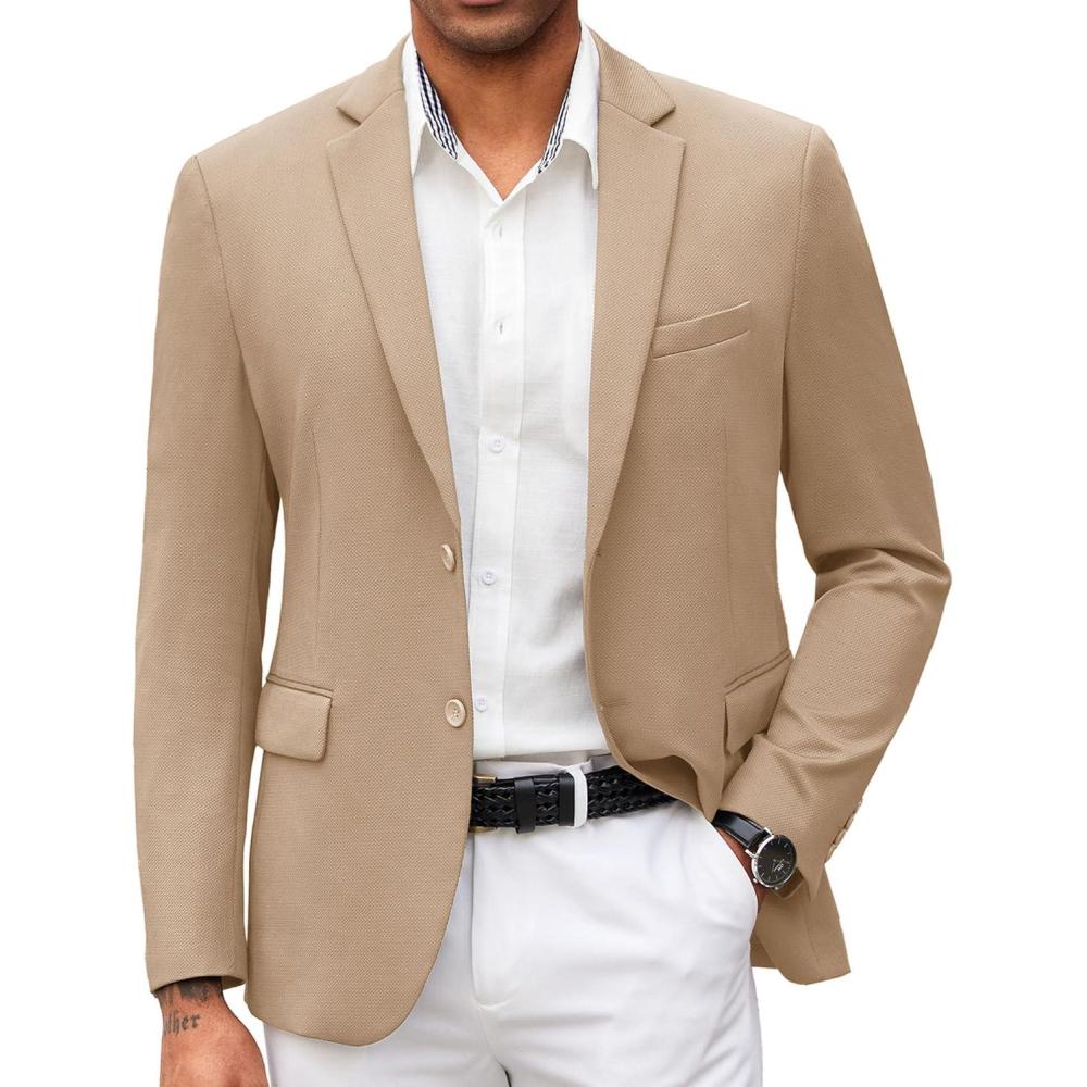 imageCOOFANDY Mens Casual Blazer Slim Fit Suit Jacket Lightweight Knit Sport Coat Two Button Blazer JacketKhaki