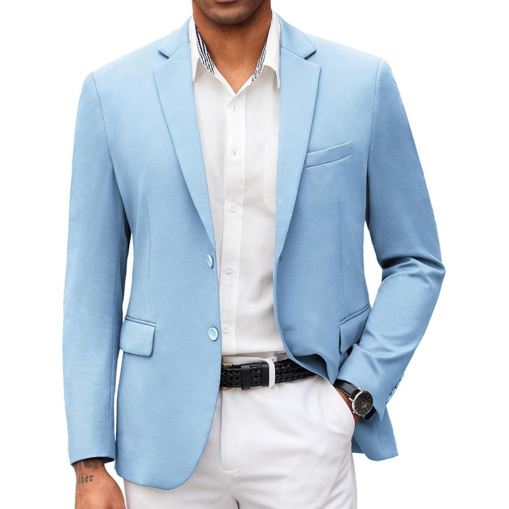 imageCOOFANDY Mens Casual Blazer Slim Fit Suit Jacket Lightweight Knit Sport Coat Two Button Blazer JacketLight Blue