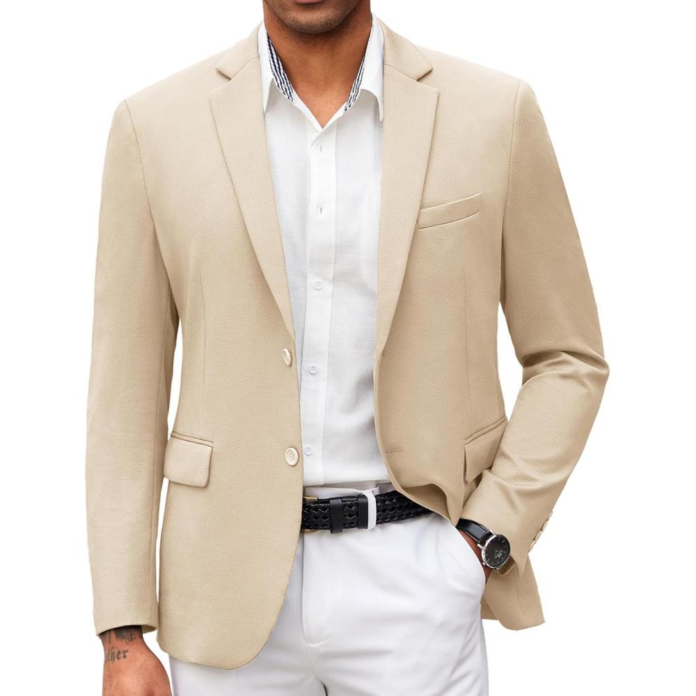 imageCOOFANDY Mens Casual Blazer Slim Fit Suit Jacket Lightweight Knit Sport Coat Two Button Blazer JacketLight Khaki
