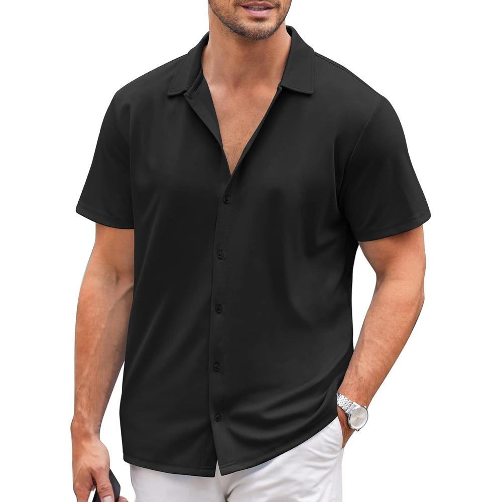 imageCOOFANDY Mens Casual Button Down Shirt Short Sleeve Wrinkle Free Shirts Summer ShirtBlack