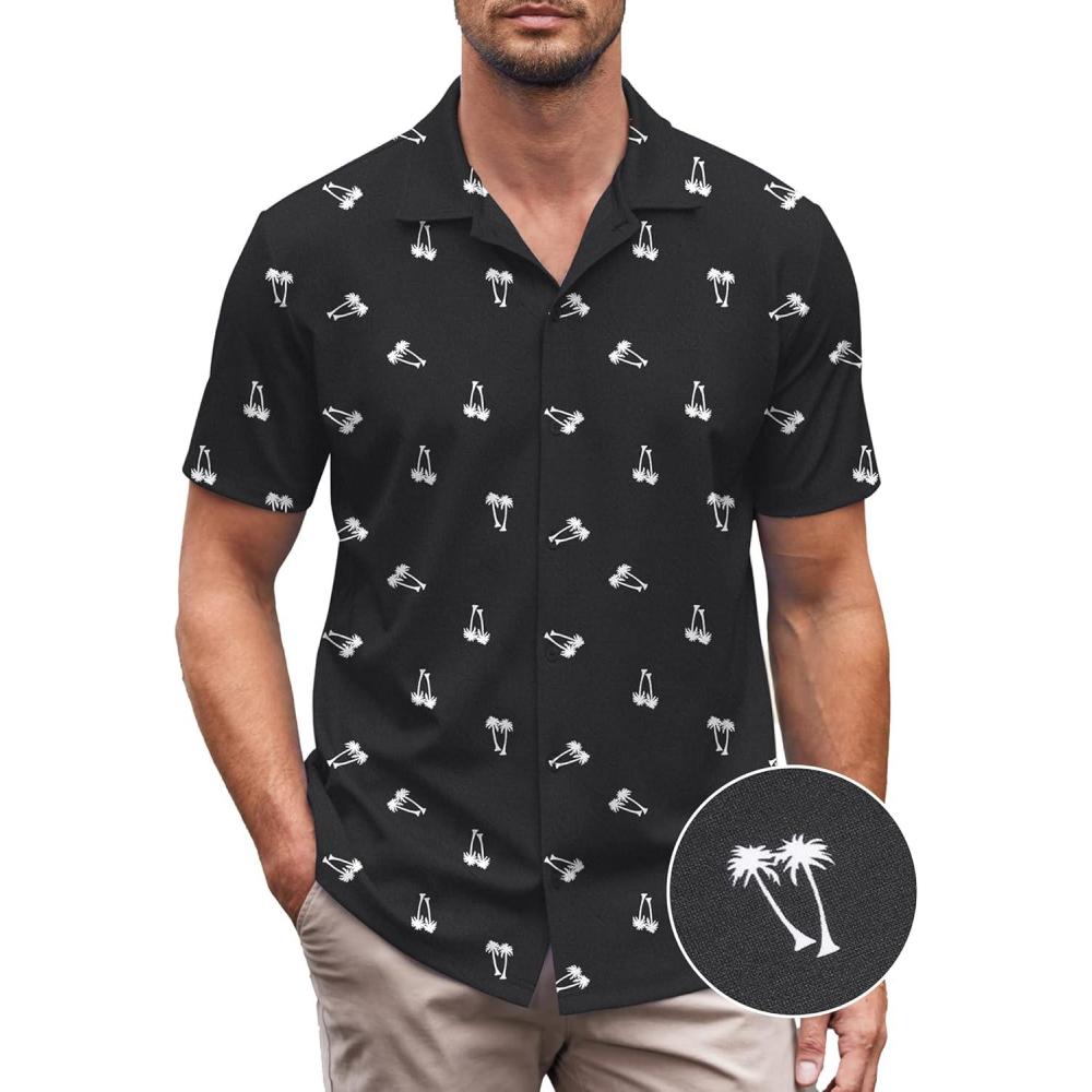imageCOOFANDY Mens Casual Button Down Shirt Short Sleeve Wrinkle Free Shirts Summer ShirtBlack Palm Tree
