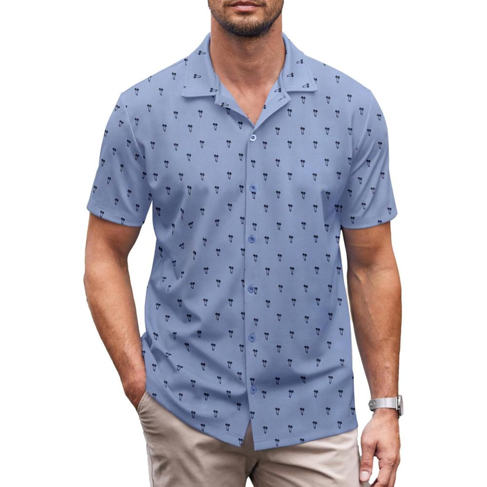 imageCOOFANDY Mens Casual Button Down Shirt Short Sleeve Wrinkle Free Shirts Summer ShirtBlue Palm Tree
