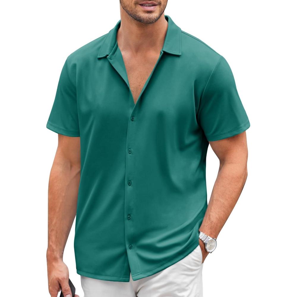 imageCOOFANDY Mens Casual Button Down Shirt Short Sleeve Wrinkle Free Shirts Summer ShirtEvergreen