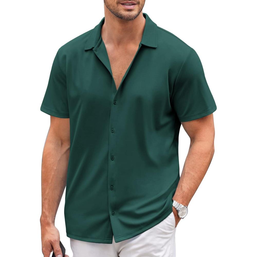 imageCOOFANDY Mens Casual Button Down Shirt Short Sleeve Wrinkle Free Shirts Summer ShirtLake Green
