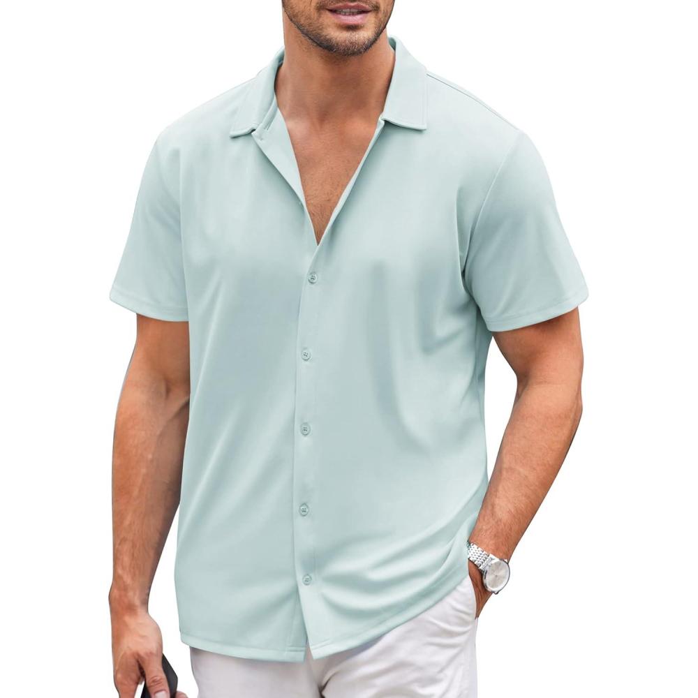 imageCOOFANDY Mens Casual Button Down Shirt Short Sleeve Wrinkle Free Shirts Summer ShirtLight Blue