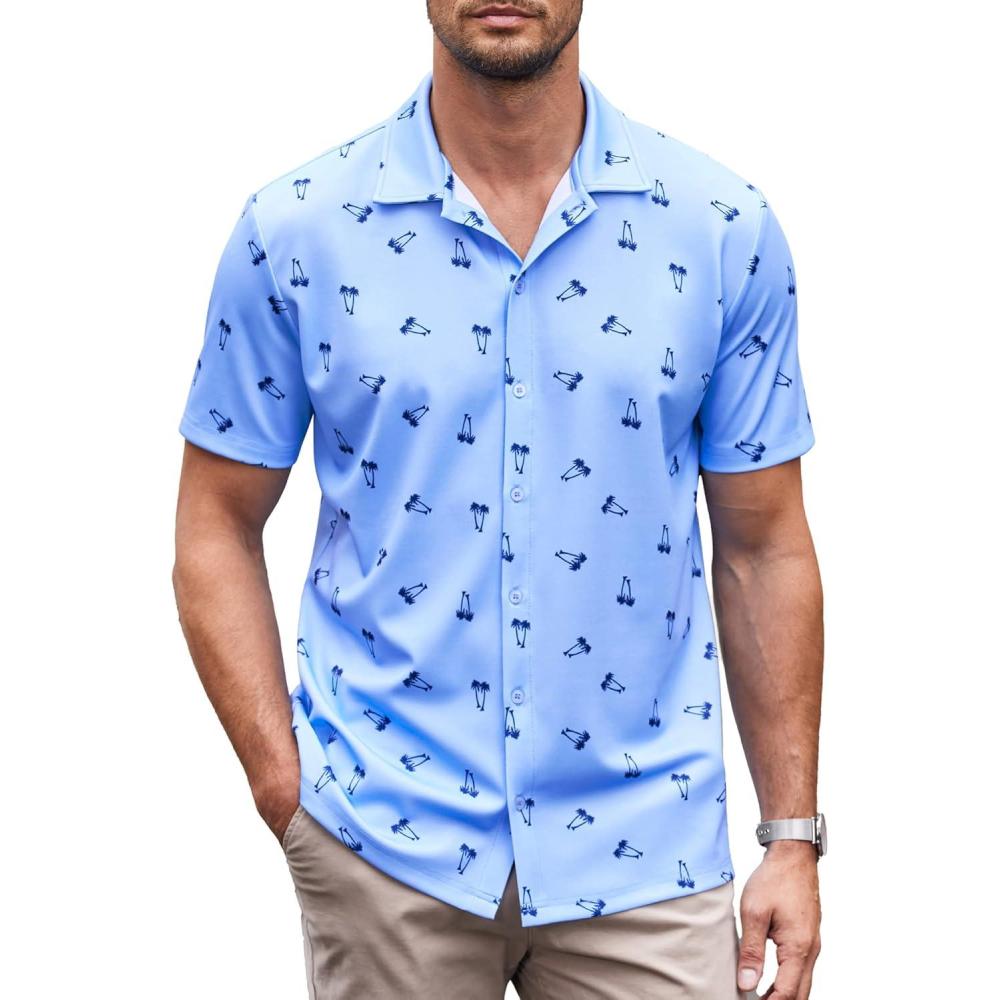 imageCOOFANDY Mens Casual Button Down Shirt Short Sleeve Wrinkle Free Shirts Summer ShirtLight Blue Palm Tree