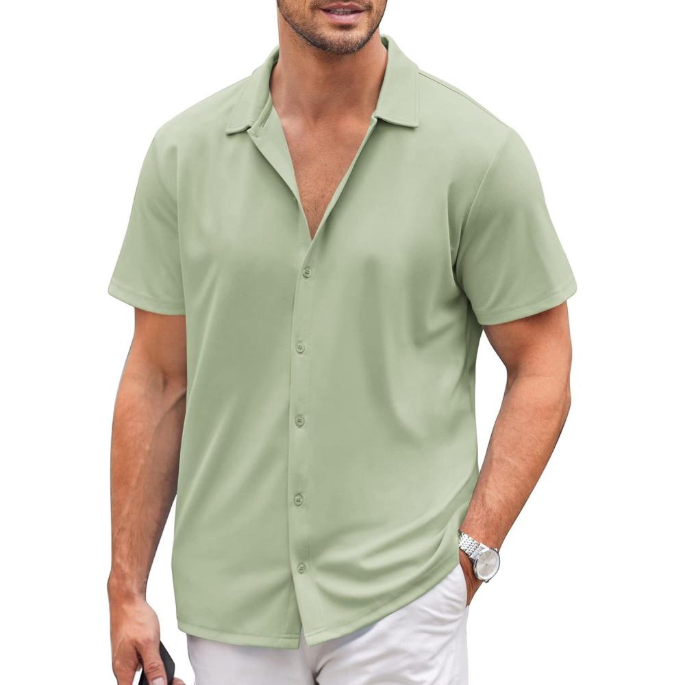 imageCOOFANDY Mens Casual Button Down Shirt Short Sleeve Wrinkle Free Shirts Summer ShirtLight Green