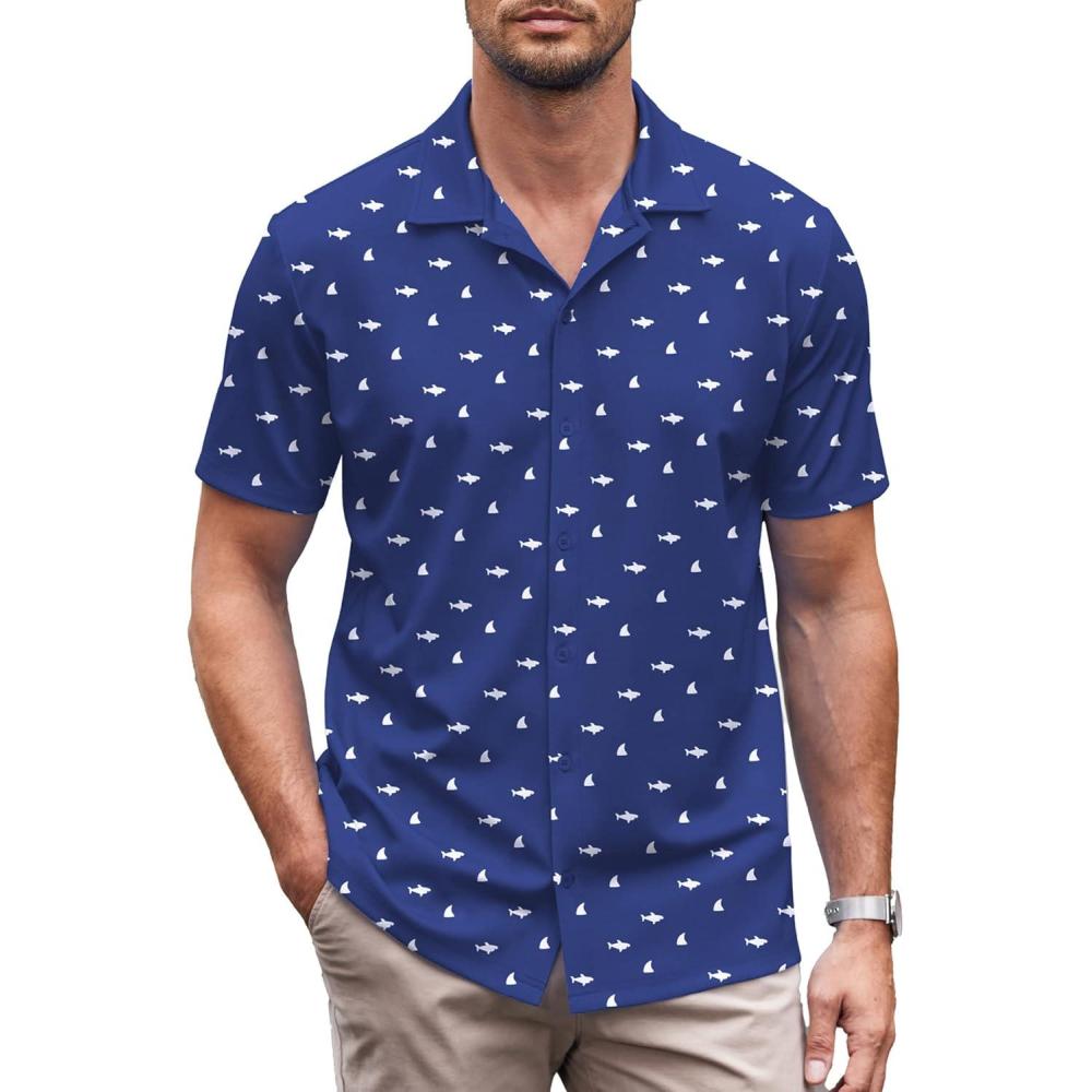 imageCOOFANDY Mens Casual Button Down Shirt Short Sleeve Wrinkle Free Shirts Summer ShirtNavy Shark