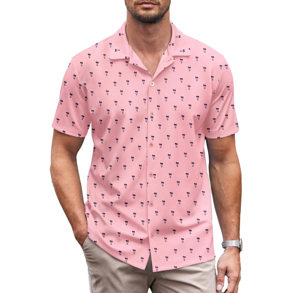 imageCOOFANDY Mens Casual Button Down Shirt Short Sleeve Wrinkle Free Shirts Summer ShirtOrange Pink Palm Tree