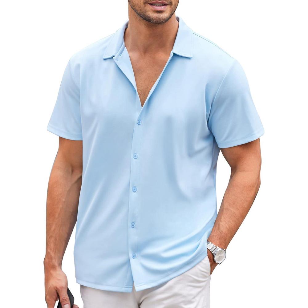 imageCOOFANDY Mens Casual Button Down Shirt Short Sleeve Wrinkle Free Shirts Summer ShirtSky Blue