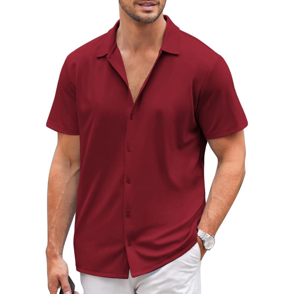 imageCOOFANDY Mens Casual Button Down Shirt Short Sleeve Wrinkle Free Shirts Summer ShirtWine Red