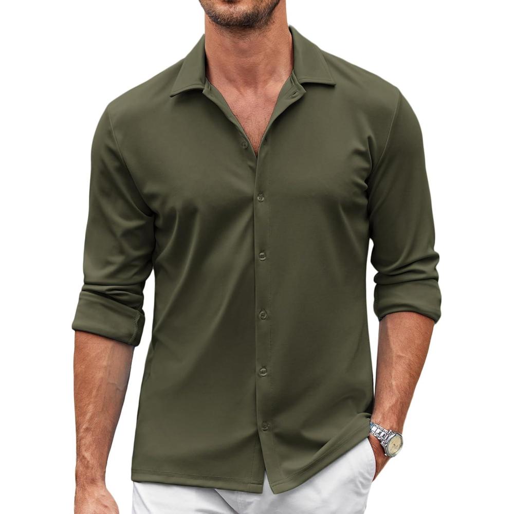 imageCOOFANDY Mens Casual Button Down Shirt Wrinkle Free Shirts Long Sleeve Dress ShirtArmy Green