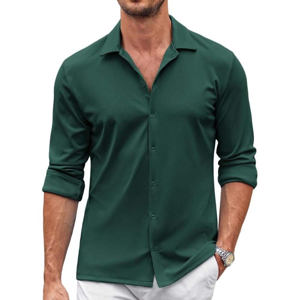 imageCOOFANDY Mens Casual Button Down Shirt Wrinkle Free Shirts Long Sleeve Dress ShirtLake Green