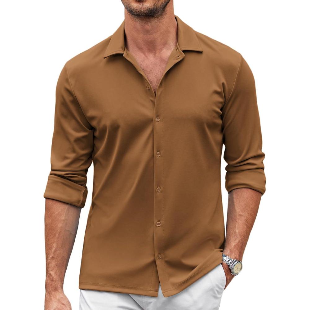 imageCOOFANDY Mens Casual Button Down Shirt Wrinkle Free Shirts Long Sleeve Dress ShirtLight Brown