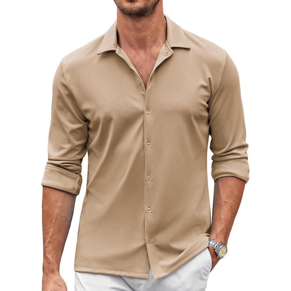 imageCOOFANDY Mens Casual Button Down Shirt Wrinkle Free Shirts Long Sleeve Dress ShirtLight Khaki