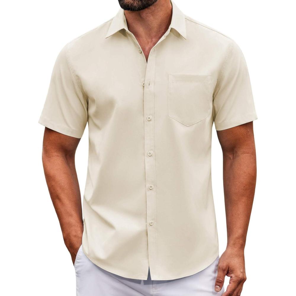 imageCOOFANDY Mens Casual Button Down Shirts Short Sleeve Summer Untucked Dress Shirt with PocketBeige