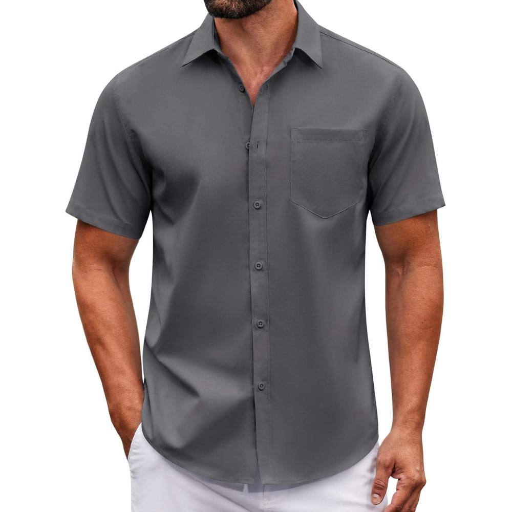 imageCOOFANDY Mens Casual Button Down Shirts Short Sleeve Summer Untucked Dress Shirt with PocketDeep Grey