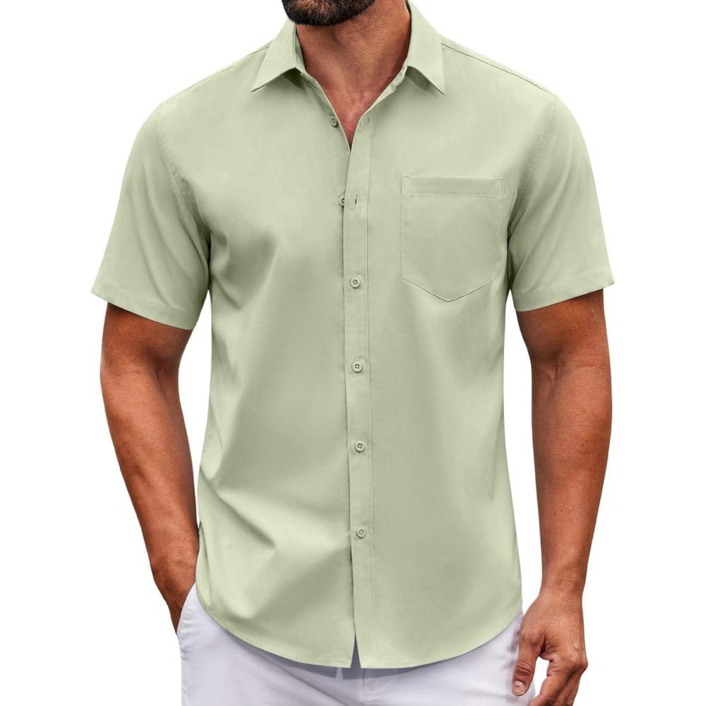imageCOOFANDY Mens Casual Button Down Shirts Short Sleeve Summer Untucked Dress Shirt with PocketLight Green