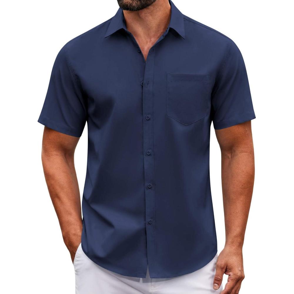 imageCOOFANDY Mens Casual Button Down Shirts Short Sleeve Summer Untucked Dress Shirt with PocketNavy Blue
