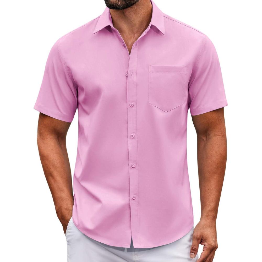 imageCOOFANDY Mens Casual Button Down Shirts Short Sleeve Summer Untucked Dress Shirt with PocketPink