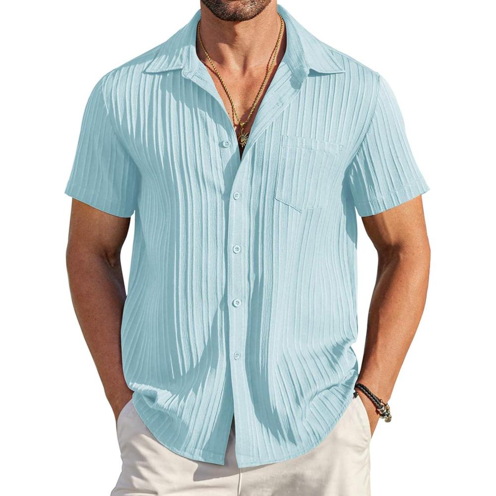 imageCOOFANDY Mens Casual Button Down Shirts Short Sleeve Textured Summer Beach Shirt with PocketBaby Blue