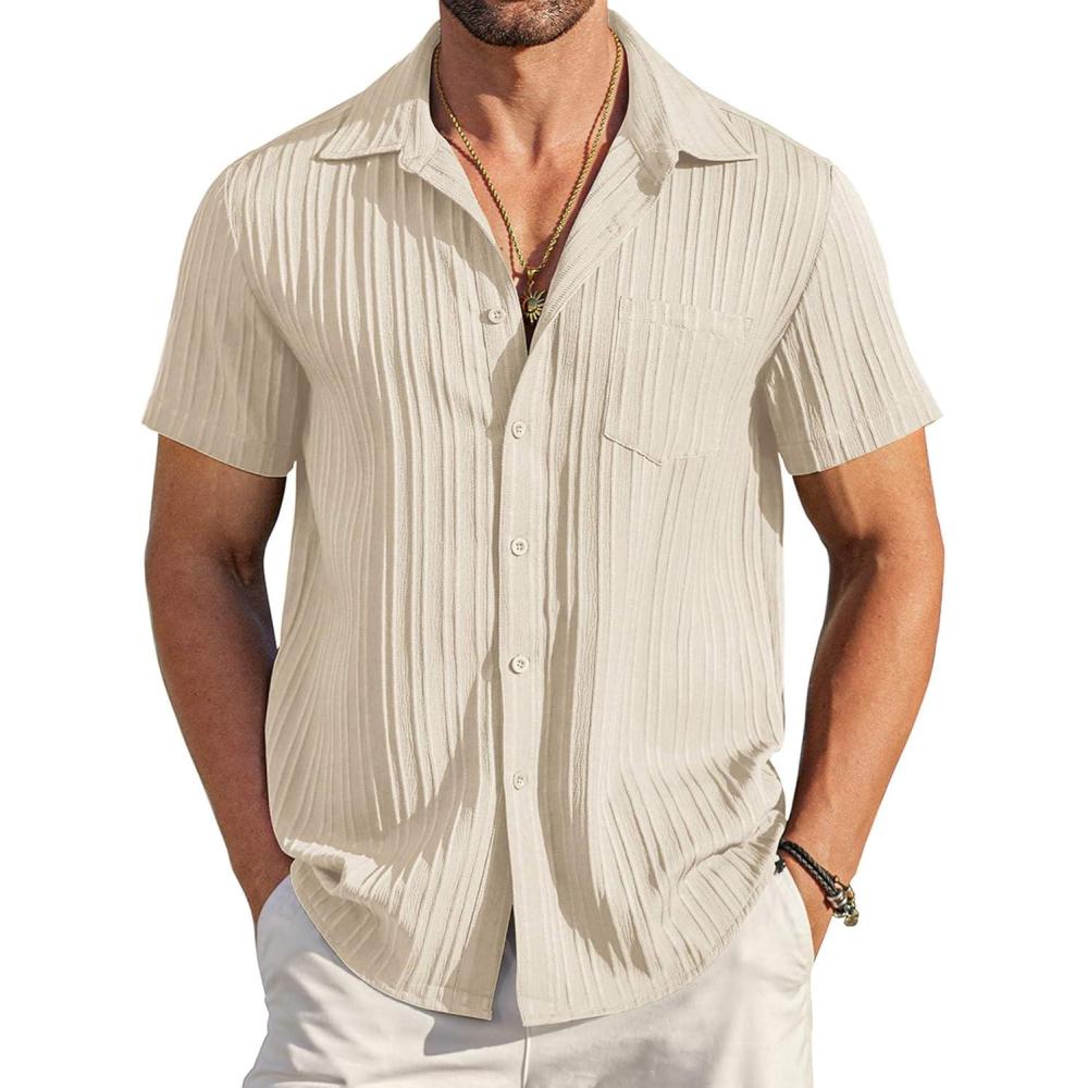 imageCOOFANDY Mens Casual Button Down Shirts Short Sleeve Textured Summer Beach Shirt with PocketBeige