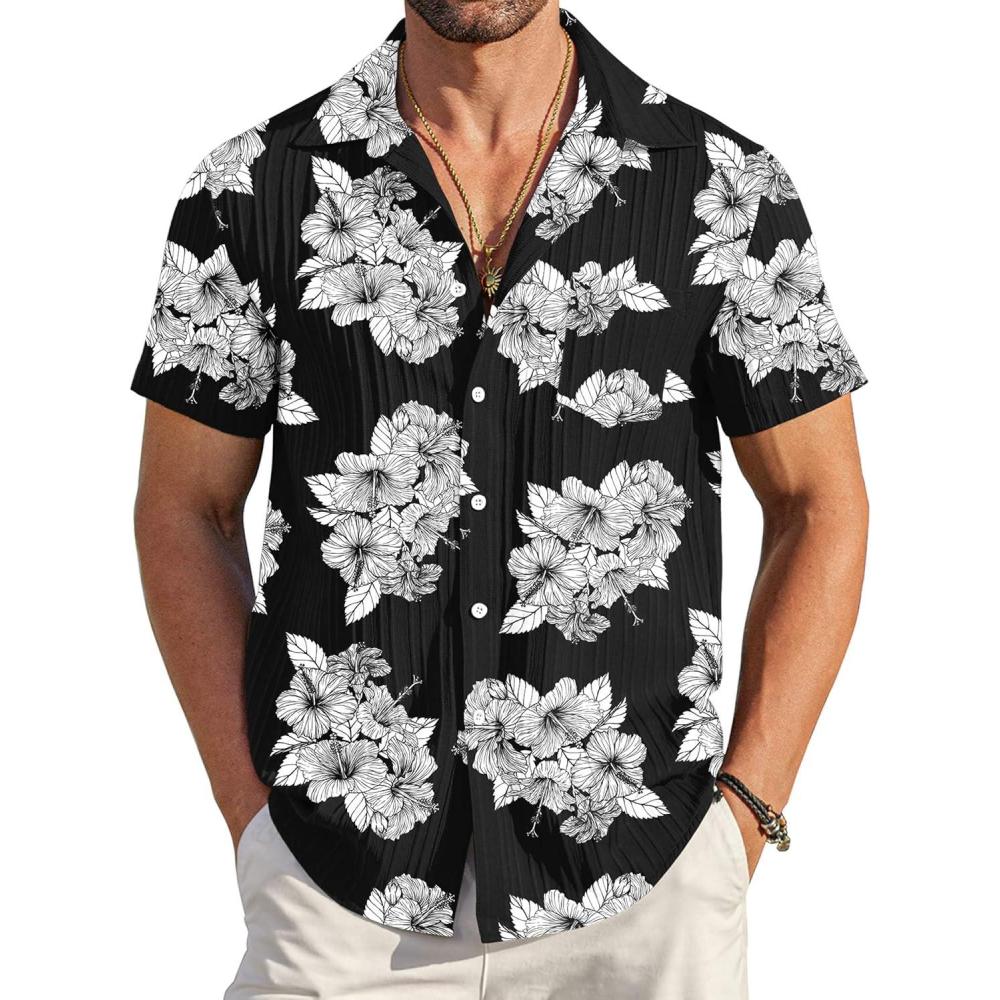 imageCOOFANDY Mens Casual Button Down Shirts Short Sleeve Textured Summer Beach Shirt with PocketBlackwhite Floral
