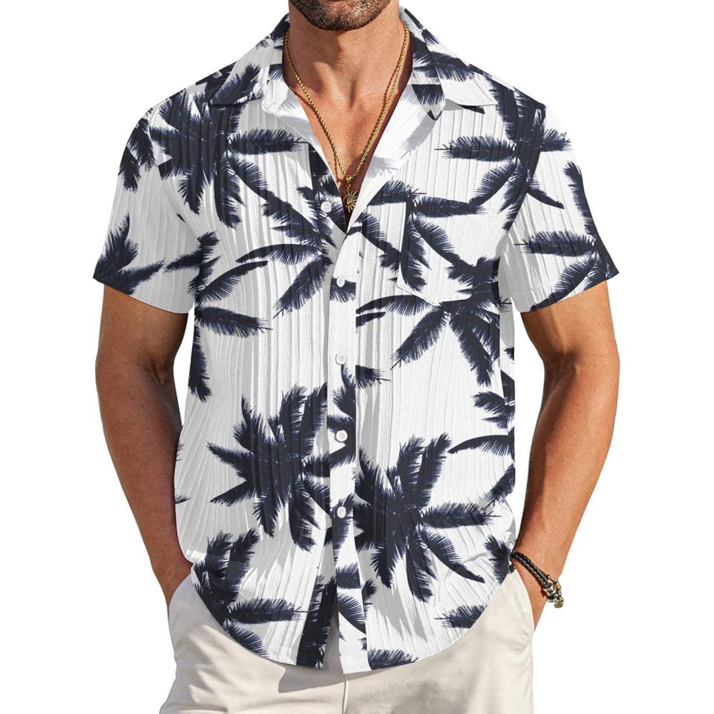 imageCOOFANDY Mens Casual Button Down Shirts Short Sleeve Textured Summer Beach Shirt with PocketCoconut Treenavy