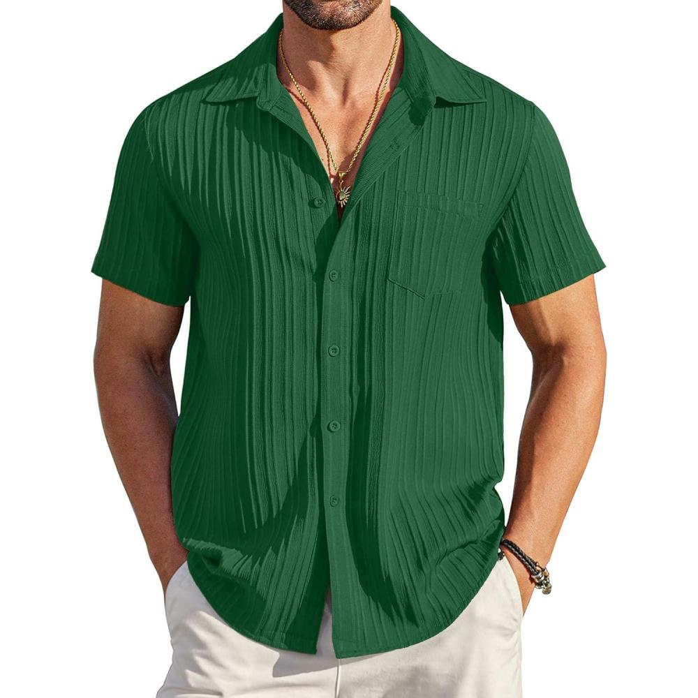 imageCOOFANDY Mens Casual Button Down Shirts Short Sleeve Textured Summer Beach Shirt with PocketDark Green