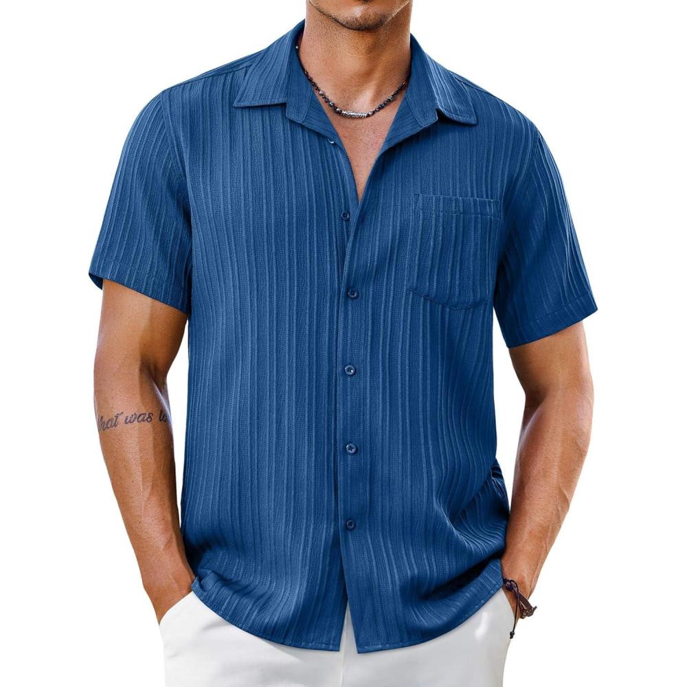 imageCOOFANDY Mens Casual Button Down Shirts Short Sleeve Textured Summer Beach Shirt with PocketDenim Blue