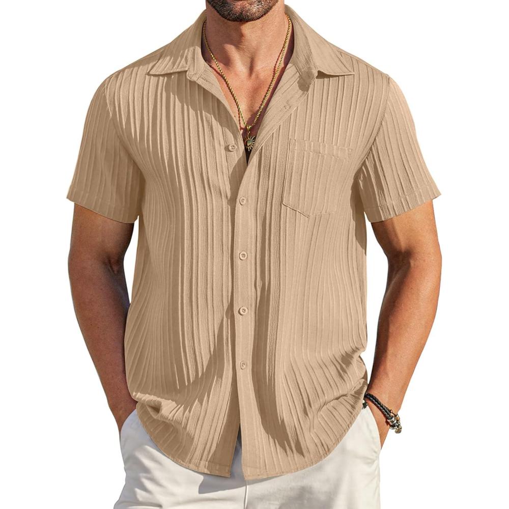 imageCOOFANDY Mens Casual Button Down Shirts Short Sleeve Textured Summer Beach Shirt with PocketKhaki