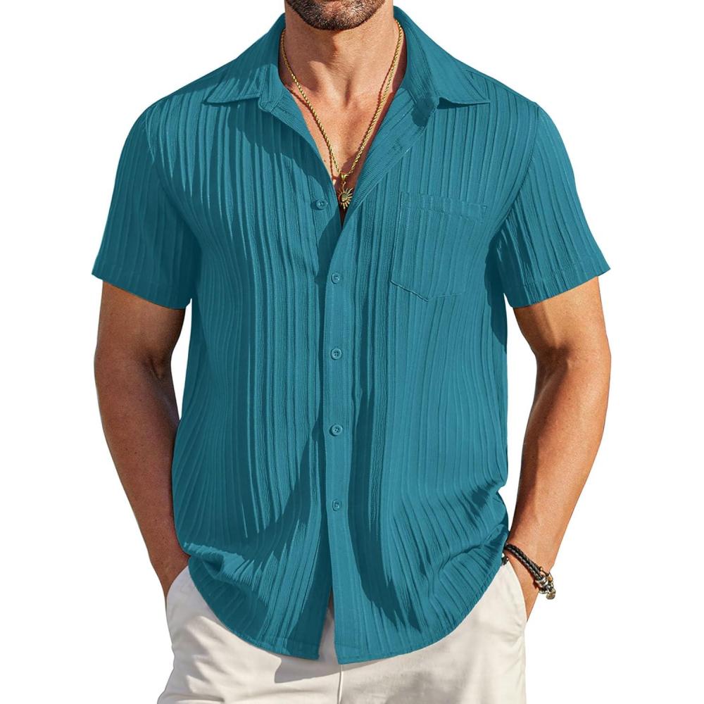 imageCOOFANDY Mens Casual Button Down Shirts Short Sleeve Textured Summer Beach Shirt with PocketLake Blue